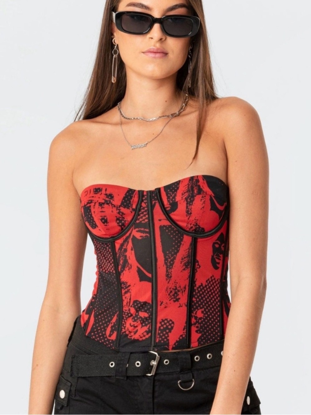 Edikted Red and Black Graphic Bustier Crop Top